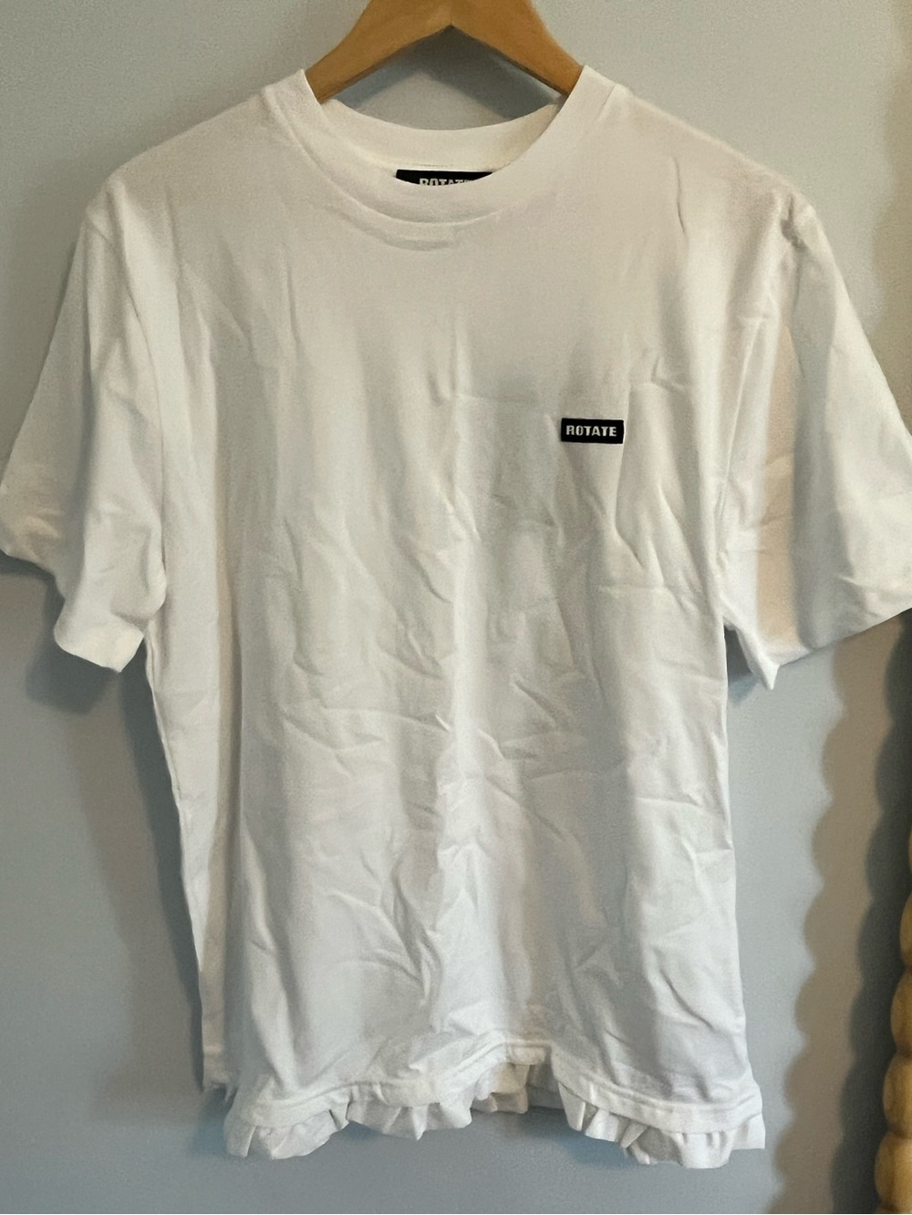 Rotate oversized White Logo Crew Neck T-Shirt with ruffle details xs